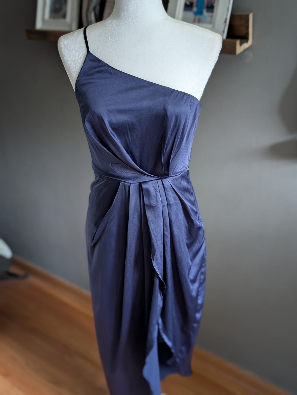 Lulus Dark Blue Satin One Shoulder Tulip Hem Cocktail Midi Dress Size Medium